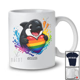 Personalized Custom Name Orca Rainbow Heart Progressive; Lovely LGBTQ Pride Orca T-Shirt