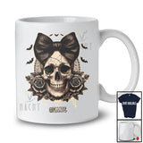 Personalized Custom Name Preppy Skull Coquette Bow Tie; Horror Halloween Skull Floral Flowers T-Shirt
