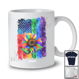 Personalized Custom Name Rainbow American Flag Sunflower; Colorful LGBTQ 4th of July Patriotic T-Shirt