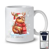 Personalized Custom Name Reindeer Santa Capybara Sunglasses; Lovely Christmas Lights Snowing T-Shirt