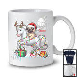 Personalized Custom Name Santa Pug Riding Reindeer Horse; Adorable Christmas Lights Snow T-Shirt