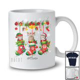 Personalized Custom Name Scottish Fold Cat In Three Christmas Socks; Lovely X-mas Lights Snow T-Shirt