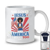 Personalized Custom Name She Loves Jesus America Too; Proud 4th Of July Afro Women; Patriotic T-Shirt