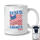 Personalized Custom Name She Loves Jesus America Too; Proud 4th Of July US Flag; Patriotic T-Shirt