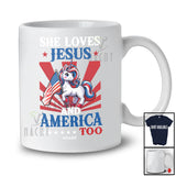Personalized Custom Name She Loves Jesus America Too; Proud 4th Of July Unicorn; Patriotic T-Shirt