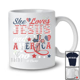 Personalized Custom Name She Loves Jesus and America Too; Proud 4th of July Patriotic Cross T-Shirt