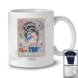 Personalized Custom Name She Loves Truck And America; Proud 4th Of July Messy Bun Hair T-Shirt
