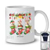 Personalized Custom Name Shiba Inu Dog In Three Christmas Socks; Lovely X-mas Lights Snow T-Shirt