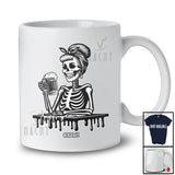 Personalized Custom Name Skeleton Women Drinking Beer; Creepy Halloween Messy Bun Hair T-Shirt