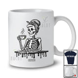Personalized Custom Name Skeleton Women Drinking Coffee; Creepy Halloween Messy Bun Hair T-Shirt