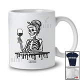 Personalized Custom Name Skeleton Women Drinking Wine; Creepy Halloween Messy Bun Hair T-Shirt