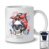 Personalized Custom Name Skull Woman Messy Bun Hair; Joyful 4th Of July Fireworks; Patriotic T-Shirt