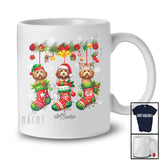 Personalized Custom Name Sproodle Dog In Three Christmas Socks; Lovely X-mas Lights Snow T-Shirt