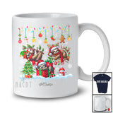 Personalized Custom Name Three Santa Reindeer Elf Sloths; Amusing Christmas Tree Lights Animal T-Shirt