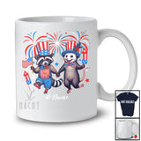 Personalized Custom Name US Flag Fireworks Raccoon and Opossum; Joyful 4th of July Patriotic T-Shirt