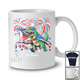 Personalized Custom Name US Flag Fireworks Unicorn and T-Rex; Joyful 4th of July Patriotic T-Shirt