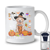 Personalized Custom Name Witch Golden Retriever Drink Coffee; Horror Halloween Boo Ghost Pumpkin T-Shirt