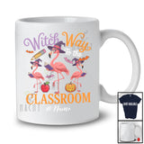 Personalized Custom Name Witch Way To The Classroom; Horror Halloween Three Teacher Flamingo T-Shirt