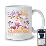 Personalized Custom Name Witch Way To The Classroom; Horror Halloween Three Unicorn Teacher T-Shirt