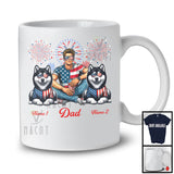 Personalized Dad With Two Custom Name Husky, Amazing 4th Of July Fireworks Patriotic T-Shirt