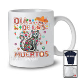 Personalized Dia De Los Muertos; Lovely Cat Flowers Skeleton Skull; Custom Name Mexican T-Shirt