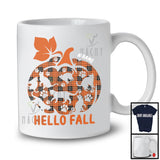 Personalized Hello Fall; Cute Halloween Thanksgiving Pumpkin Shape Plaid; Custom Name Cat T-Shirt