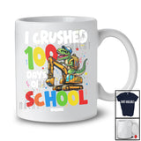 Personalized I Crushed 100 Days of School; Joyful T-Rex On Excavator; Custom Name Boy Students T-Shirt