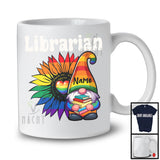 Personalized Librarian, Colorful LGBTQ Pride Sunflower Gnome, Custom Name Gay Flag Rainbow T-Shirt