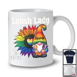 Personalized Lunch Lady, Colorful LGBTQ Pride Sunflower Gnome, Custom Name Gay Flag Rainbow T-Shirt