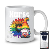 Personalized Nurse, Colorful LGBTQ Pride Sunflower Gnome, Custom Name Gay Flag Rainbow T-Shirt