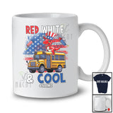 Personalized Red White & Cool; Lovely 4th Of July Custom Name T-Rex On School Bus; Patriotic T-Shirt