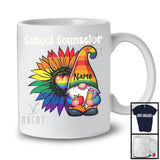 Personalized School Counselor, Colorful LGBTQ Pride Sunflower Gnome, Custom Name Gay Rainbow T-Shirt