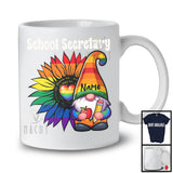 Personalized School Secretary, Colorful LGBTQ Pride Sunflower Gnome, Custom Name Gay Rainbow T-Shirt
