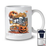 Personalized Skeleton Drinking Beer Driving School Bus; Joyful Halloween Custom Name Drunker T-Shirt