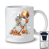 Personalized Skeleton Playing Hockey; Joyful Halloween Moon Custom Name Sport Player Team T-Shirt