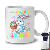 Personalized The Egg Hunt Is On; Cheerful Easter Custom Name Bunny Go Hunting Eggs Basket T-Shirt