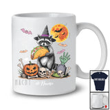 Personalized Witch Raccoon Holding Taco; Humorous Halloween Custom Name Lunch Lady Chef T-Shirt