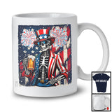 Skeleton Drinking Beer, Cheerful 4th Of July American Flag Drunker Team, Fireworks Patriotic T-Shirt