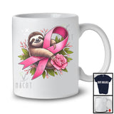 Sloth Hanging On Pink Ribbon; Adorable Breast Cancer Awareness Sloth Animal; Pink Flowers T-Shirt