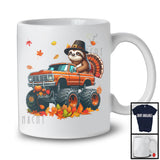 Sloth Turkey On Monster Truck; Humorous Thanksgiving Autumn Fall Leaves; Family T-Shirt
