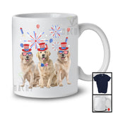 Three Golden Retriever Dogs With USA Flag Glasses, Cool 4th Of July Fireworks USA Flag, Patriotic T-Shirt