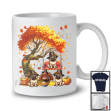 Three Pilgrim Pugs With Fall Tree, Lovely Thanksgiving Turkey Autumn, Family Group T-Shirt