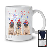Three Pug Dogs With USA Flag Glasses, Cool 4th Of July Fireworks USA Flag, Patriotic T-Shirt