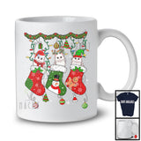 Three Santa Elf Reindeer Cat In Christmas Socks; Amazing X-mas Animal; Snowing T-Shirt