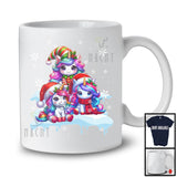 Three Santa Elf Unicorns On Snow; Adorable Christmas Snowing Unicorn Lover; Family Group T-Shirt