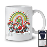 Three Santa T-Rex Dinosaurs; Awesome Christmas Lights T-Rex Lover; Snowing Rainbow T-Shirt