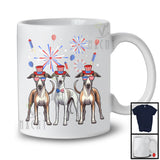 Three Whippet Dogs With USA Flag Glasses, Cool 4th Of July Fireworks USA Flag, Patriotic T-Shirt