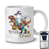 Trick Rawr Treat, Humorous Halloween Autism Awareness, Boo Ghost Riding Puzzle T-Rex Dinosaur T-Shirt