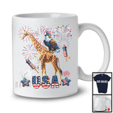 USA, Awesome 4th Of July Eagle Riding Giraffe, American Flag Fireworks Eagle Animal Lover T-Shirt