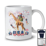 USA, Awesome 4th Of July Turtle Riding Giraffe, American Flag Fireworks Turtle Animal Lover T-Shirt
